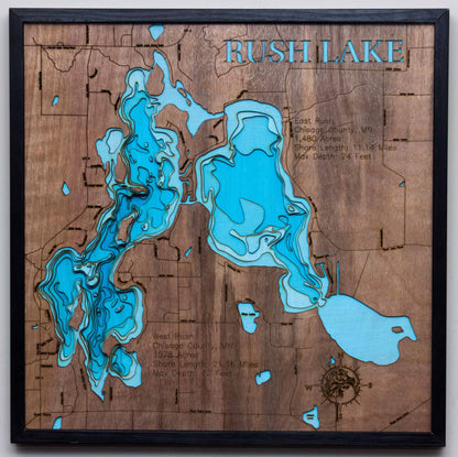 3d Lake Map of Rush Lake in Chisago County, MN 3D depth map, laser cut from high-quality wood.