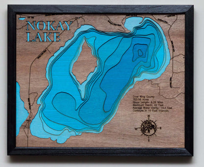 Custom wooden map of Nokay (Crow Wing) - horn-dog-maps with layered depth highlights.