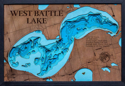 Precision-cut wooden map of 3d Depth map of West Battle Lake in Otter Tail County, MN, perfect for unique decor.