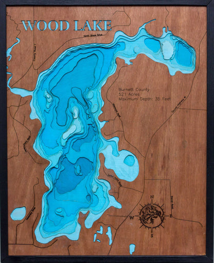 3d Depth map of Wood Lake in Burnett County, WI 3D depth map, laser cut from high-quality wood.