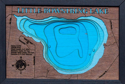 Exquisite wooden map of 3d Depth Map of Little Bowstring Lake in Itasca County, MN with detailed lakebed features.