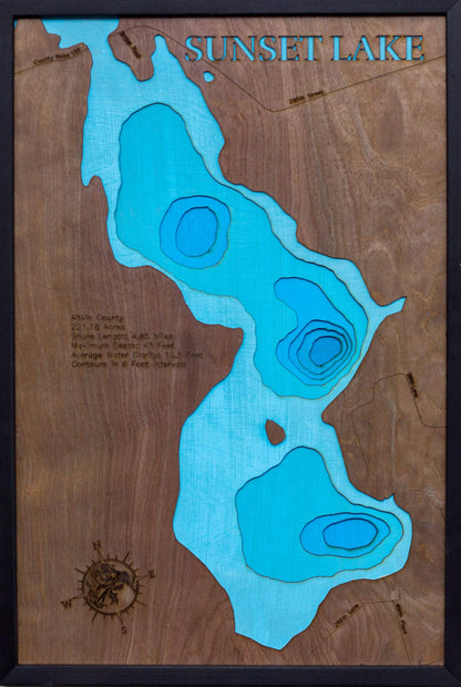 Artisanally carved wooden lake map of Sunset Lake in Aitkin County, MN, highlighting bathymetry.