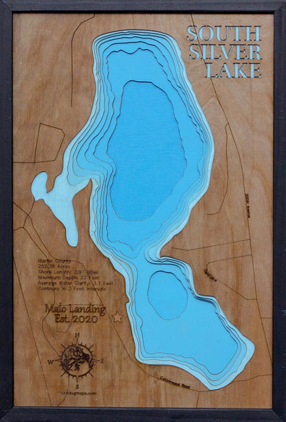 High-definition wooden relief map of South Silver Lake in Martin County, MN, handmade for durability.