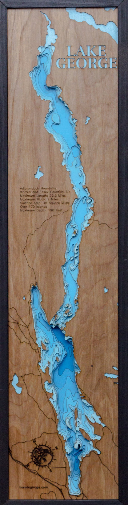 Lake George in Warren and Essex Counties, New York 3D depth map, laser cut from high-quality wood.