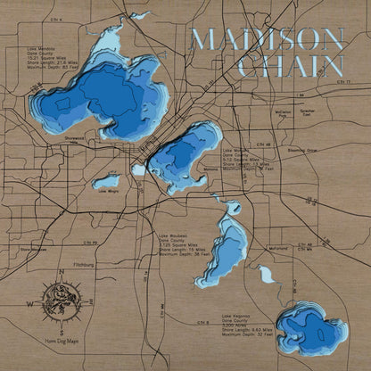 Precision-cut wooden map of Madison Chain of Lakes in Dane County, WI, perfect for unique decor.