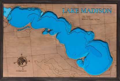 Madison Lake in Lake County, SD in stunning 3D wood map design, with detailed topography.