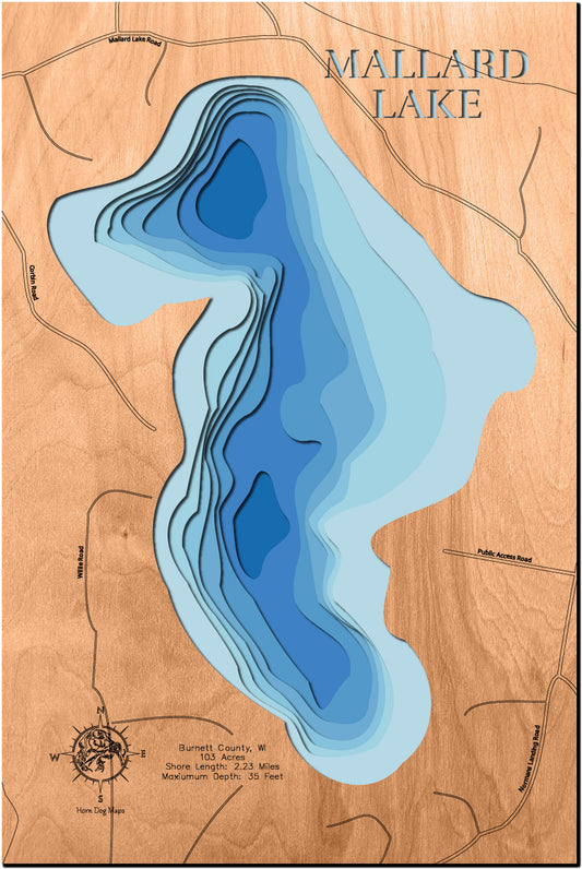 Decorative 3D wooden lake map of Mallard Lake in Burnett County, WI, crafted with care.