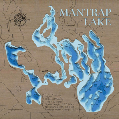 Decorative 3D wooden lake map of Mantrap Lake in Hubbard County, MN, crafted with care.