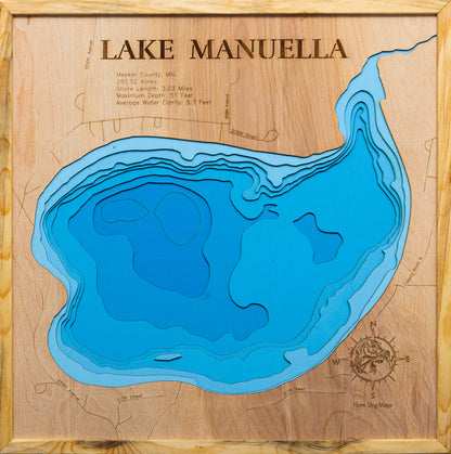 Exquisite wooden map of Manuella Lake in Meeker County,  MN with detailed lakebed features.