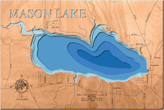 Unique wooden lake map of Mason Lake in Adams and Marquette County, WI, featuring intricate depth details.