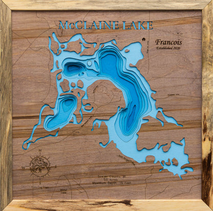 McClaine Lake in Sawyer County, WI custom 3D wood map, perfect for home decor and gifts.