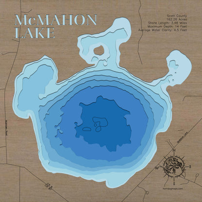3D wooden lake map of McMahon Lake in Scott County, MN, showcasing detailed depth layers and contours.