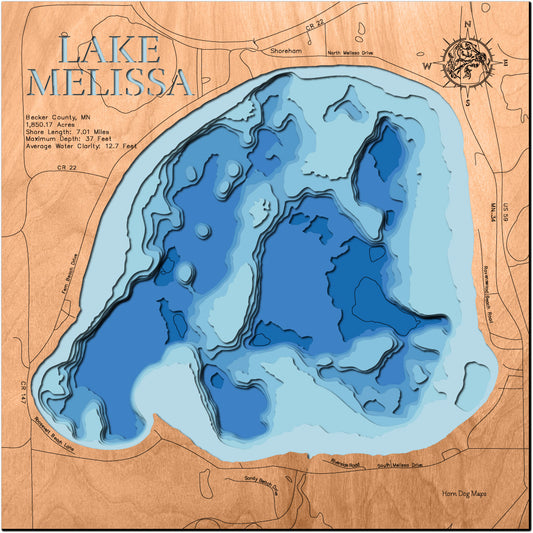 Handcrafted 3D wood map of Lake Melissa in Becker County, MN, ideal for lake enthusiasts.