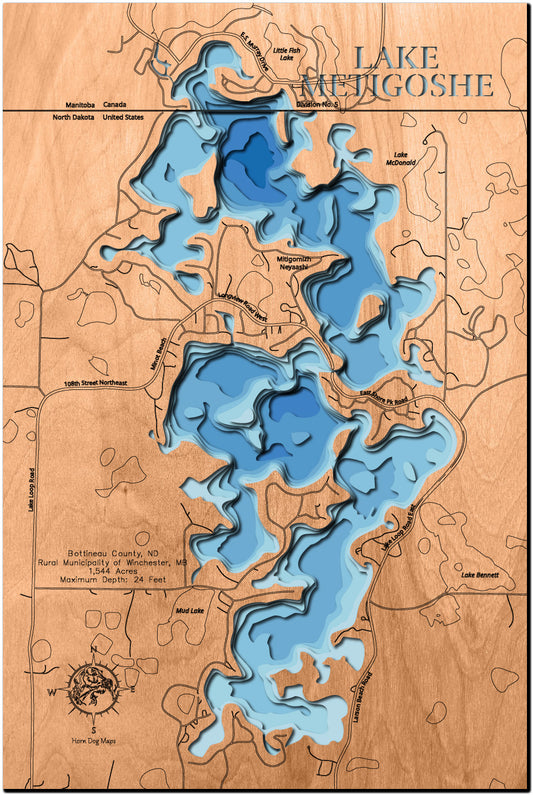 Unique wooden lake map of Lake Metigoshe in Bottineau County, ND, Rural Municipality of Winchester, MB, featuring intricate depth details.