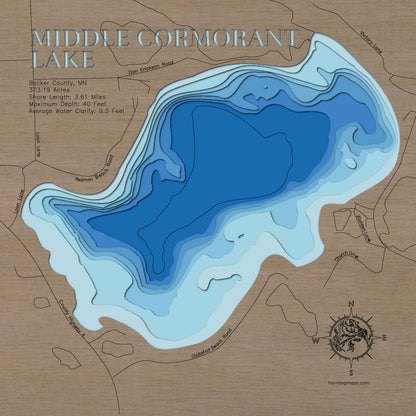 Middle Cormorant Lake in Becker County, MN in stunning 3D wood map design, with detailed topography.