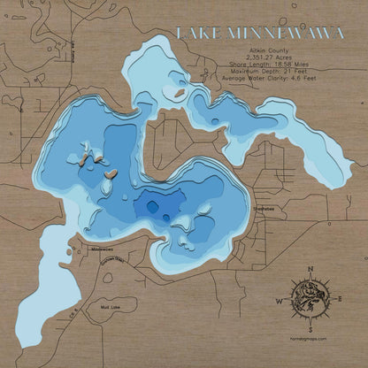 High-definition wooden relief map of Lake Minnewawa in Aitkin County, MN, handmade for durability.