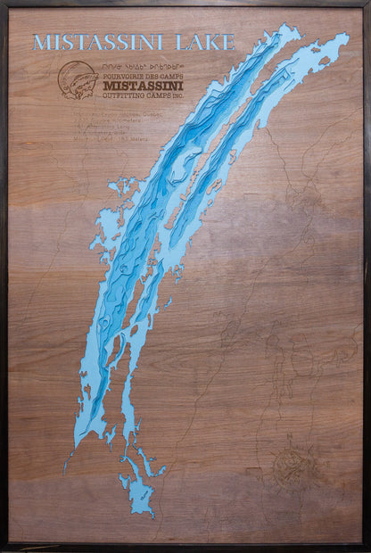 Handcrafted 3D wood map of Lake Mistassini in Quebec, Canada, ideal for lake enthusiasts.