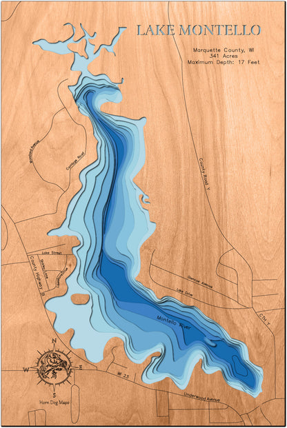 Detailed wooden relief map of Lake Montello in Marquette County, WI, showcasing its natural beauty.