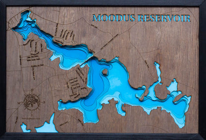 3D wooden lake map of Moodus Reservoir in, CT, showcasing detailed depth layers and contours.