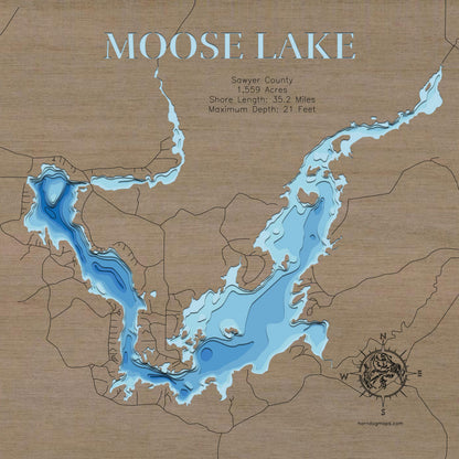 Moose Lake in Sawyer County, WI 3D depth map, laser cut from high-quality wood.