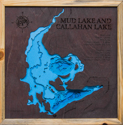 Handcrafted 3D wood map of Mud and Callahan Lakes in Sawyer County, WI, ideal for lake enthusiasts.