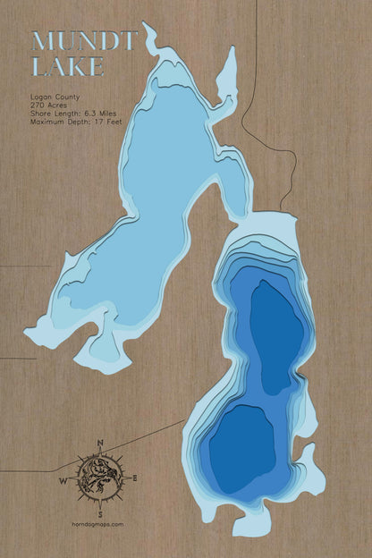 Detailed wooden relief map of Mundt Lake in Logan County, ND, showcasing its natural beauty.