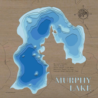 Precision-cut wooden map of Murphy Lake in St. Louis County, MN, perfect for unique decor.