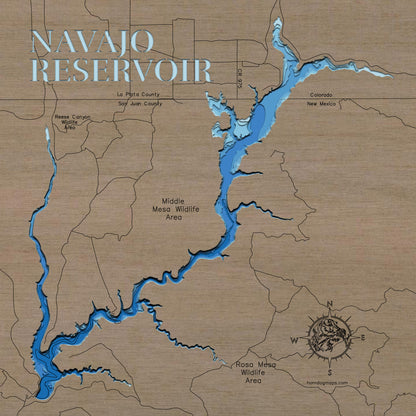 Exquisite wooden map of Navajo Reservoir in San Juan County, NM with detailed lakebed features.