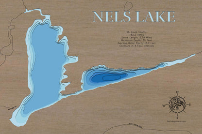 Nels Lake in St. Louis County, MN engraved wood map, showcasing accurate topographical features.