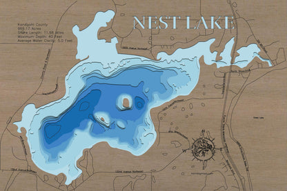 Nest Lake in Kandiyohi County, MN 3D depth map, laser cut from high-quality wood.