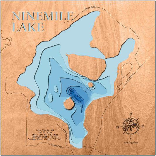 Precision-cut wooden map of Ninemile Lake in Lake County, MN, perfect for unique decor.