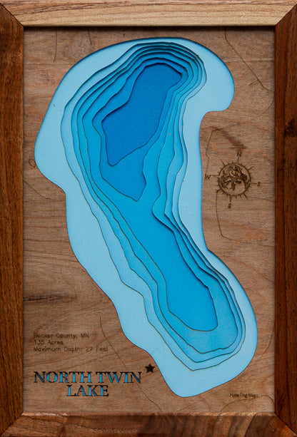 Detailed wooden relief map of North Twin Lake in Becker County, MN, showcasing its natural beauty.