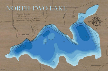 Custom wooden map of North Two Lake in Oneida County, WI with layered depth highlights.