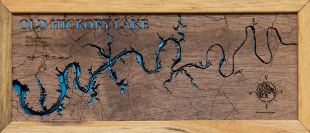 Decorative 3D wooden lake map of Old Hickory Lake in Tennessee, crafted with care.