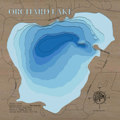 Handcrafted 3D wood map of Orchard Lake in Dakota County, MN, ideal for lake enthusiasts.