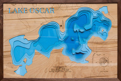 Detailed wooden relief map of Lake Oscar in Douglas County, MN, showcasing its natural beauty.