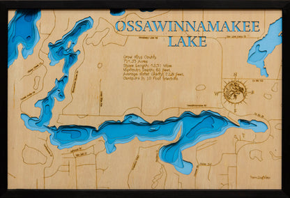 Handcrafted 3D wood map of 3d Depth Map of Ossawinnamakee Lake in Crow Wing County, MN, ideal for lake enthusiasts.