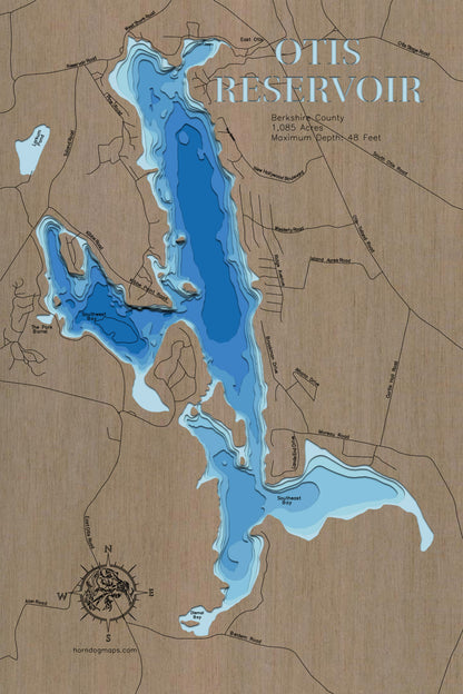 Precision-cut wooden map of Otis Reservoir in Berkshire County, Massachusetts, perfect for unique decor.