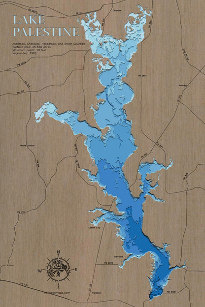 Detailed wooden relief map of Lake Palestine in Texas, showcasing its natural beauty.