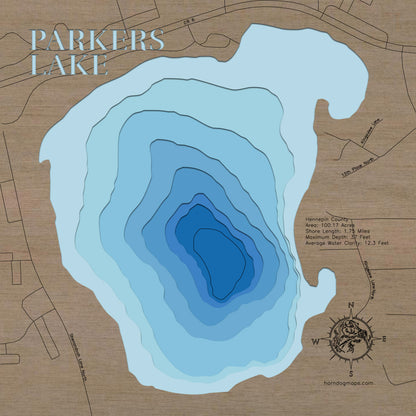 Custom wooden map of Parkers Lake in Hennepin County, MN with layered depth highlights.