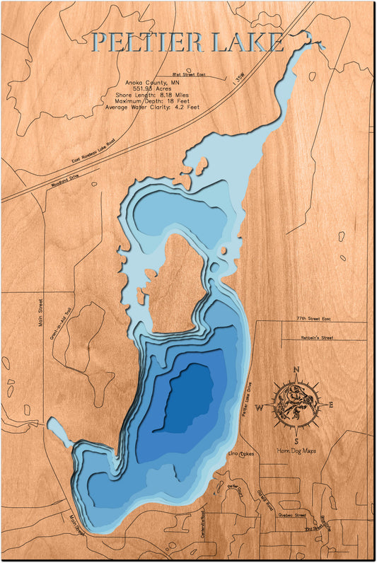 Peltier Lake in Anoka County, MN 3D depth map, laser cut from high-quality wood.