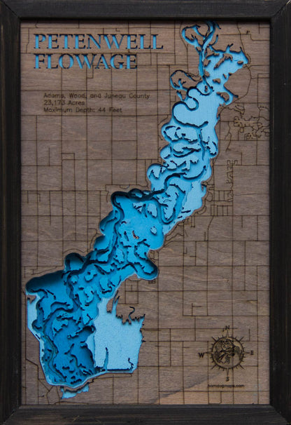 Petenwell Flowage in Adams, Wood, and Juneau County, WI 3D depth map, laser cut from high-quality wood.