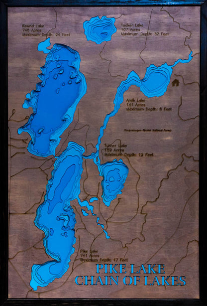 Precision-cut wooden map of Pike Lake Chain of Lakes in Price and Vilas County, WI, perfect for unique decor.