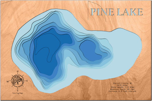 Detailed wooden relief map of Pine Lake in Burnett County, WI, showcasing its natural beauty.