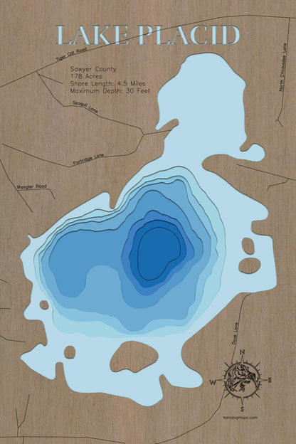 Lake Placid in Sawyer County, WI in stunning 3D wood map design, with detailed topography.