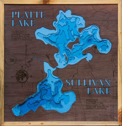 Platte Lake in Crow Wing County and Sullivan Lake in Morrison County, MN in stunning 3D wood map design, with detailed topography.