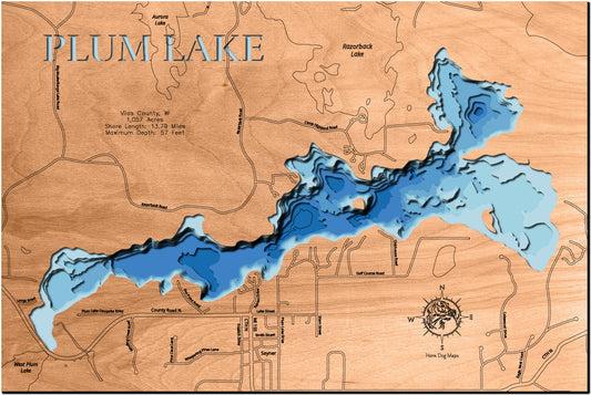 Plum Lake in Vilas County, WI custom 3D wood map, perfect for home decor and gifts.