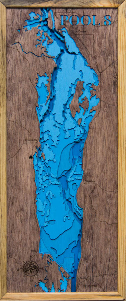 3D wooden lake map of Mississippi River - Pool 8, showcasing detailed depth layers and contours.