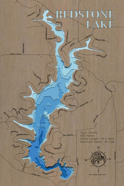 Redstone Lake in Sauk County, WI 3D depth map, laser cut from high-quality wood.