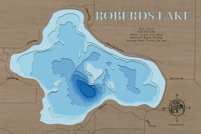 Custom wooden map of Roberds Lake in Rice County, MN with layered depth highlights.